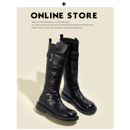 真皮！长筒靴女冬季2025新款美拉德复古褶皱骑士靴高筒不过膝长靴