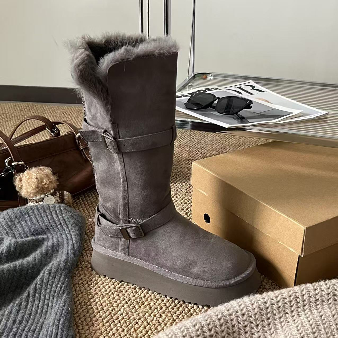 牛皮版~厚底长筒雪地靴加绒加厚两穿毛毛靴女复古皮带扣高筒棉靴主图