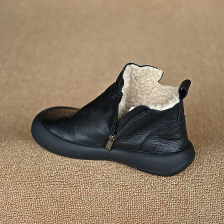 何其丑 头层牛皮保暖加绒短靴女厚底女靴 真皮圆头及踝靴女鞋秋冬