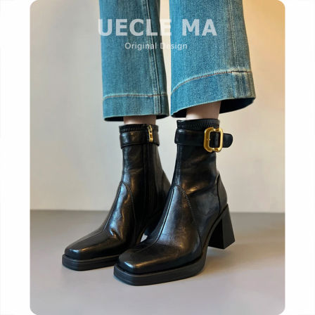 牛皮版~方头高跟洋气小短靴女百搭巨好看马丁靴子轻奢粗跟瘦瘦靴
