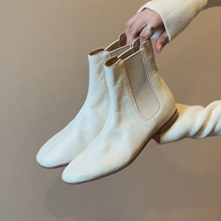 牛皮版~法式英伦风白色温柔切尔西靴女圆头真皮百搭平底显瘦短靴