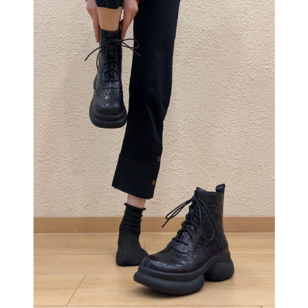 羊皮版~真皮小个子厚底增高圆头系带马丁靴女英伦风复古黑色短靴