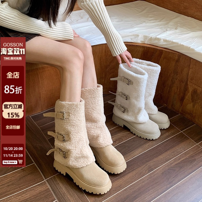 戈森定制皮带扣毛毛雪地靴女2025新裤管长筒靴加绒加厚东北雪地棉主图