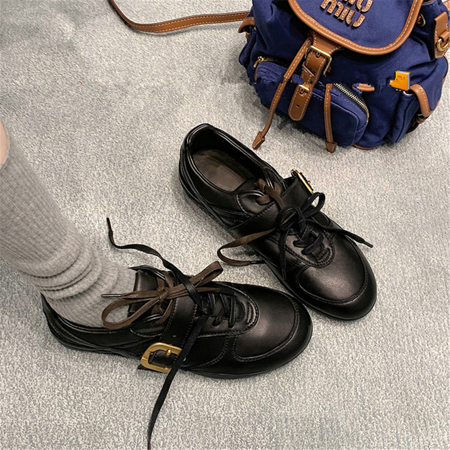 真皮版~内增高德训鞋女复古双鞋带皮带扣圆头百搭平底软皮小皮鞋主图