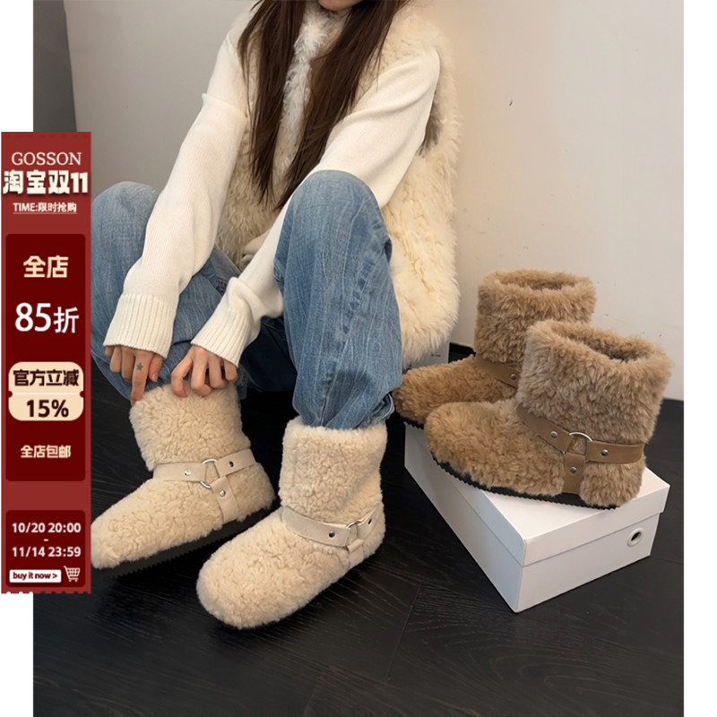 戈森定制毛毛雪地靴女2025新款冬季加绒加厚短靴防滑保暖雪地棉主图