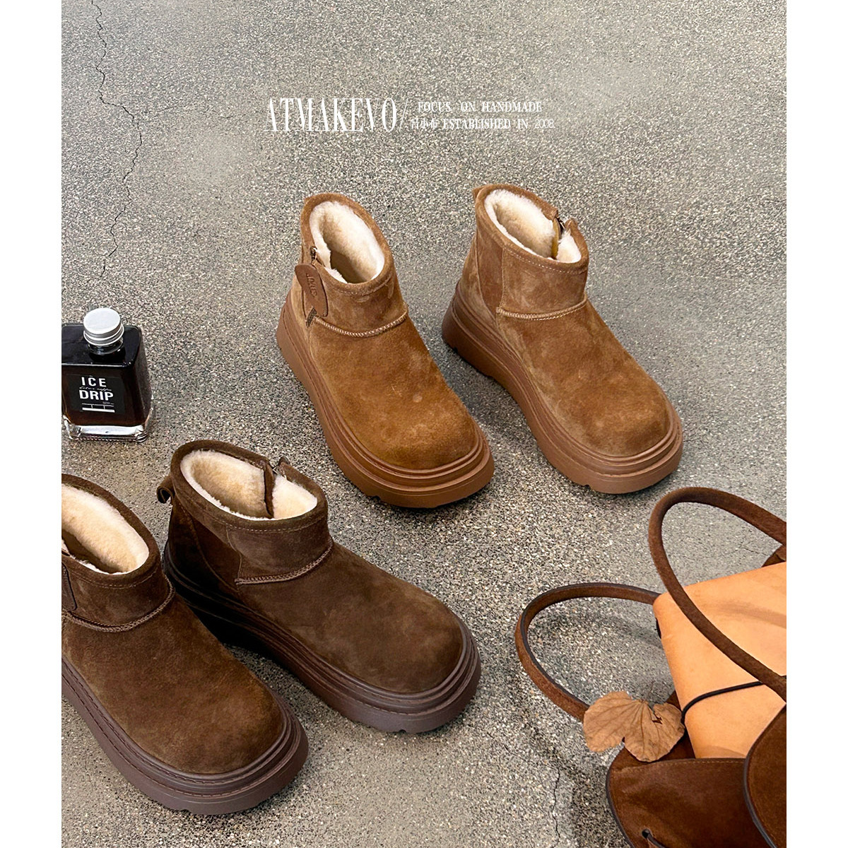 吕小布 | 行走的暖宝 厚底雪地靴羊皮毛一体冬季御寒保暖加绒短靴主图