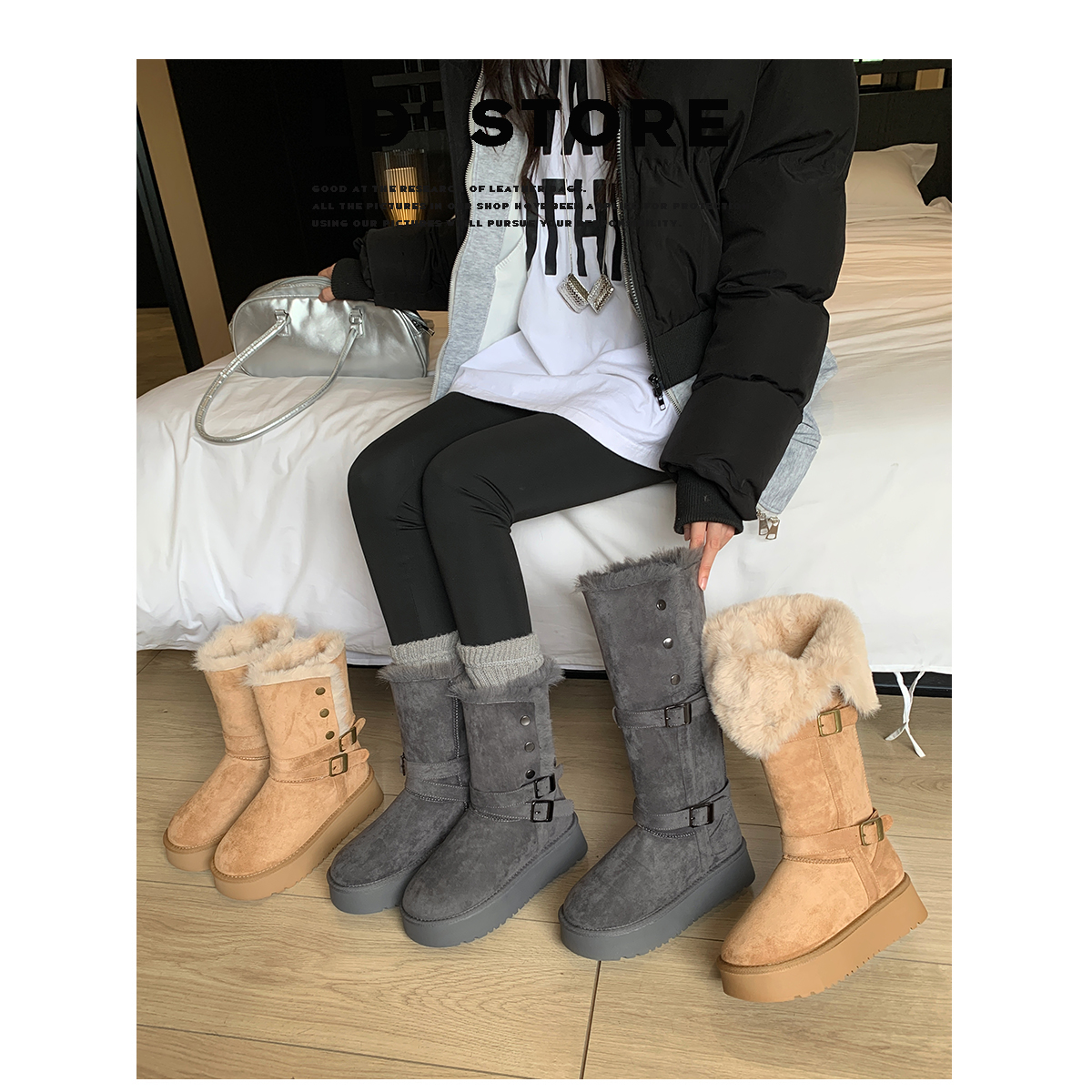 小个子增高灰色厚底长筒雪地靴女冬新款两穿加绒保暖东北雪地棉鞋主图