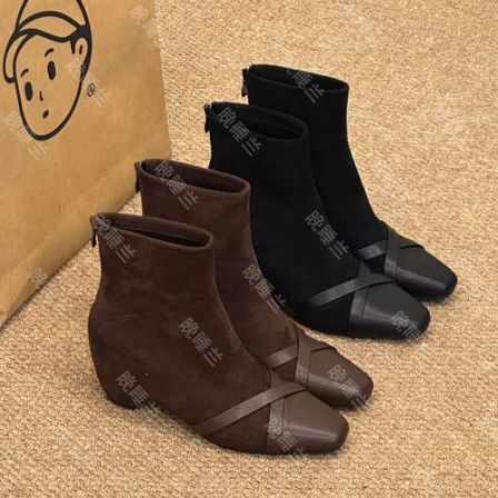 晚睡兰·内增高10cm猫跟韩系交叉小方头短靴女秋冬新款弹力瘦瘦靴