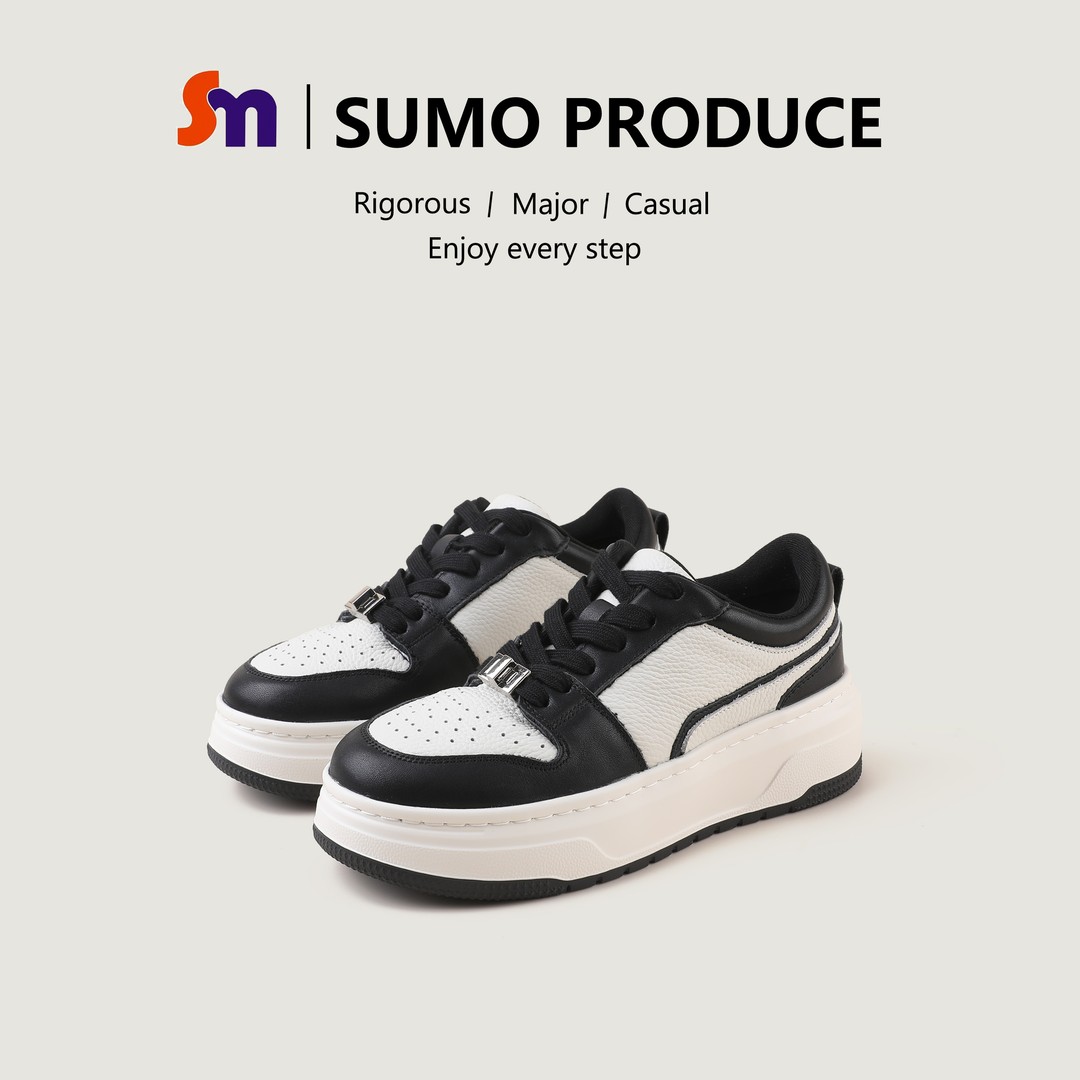 素陌秋季新款厚底板鞋熊猫鞋真皮增高鞋女百搭拼色休闲鞋87080主图