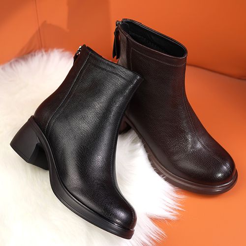 粗跟短靴女2025新款软底软皮瘦瘦靴真皮加绒靴子时尚女靴百搭皮靴主图