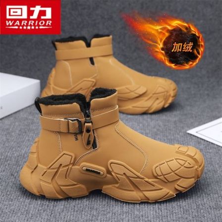 回力2025加绒素面拉链马丁靴厚款圆头系带高帮车缝线防滑雪地靴男