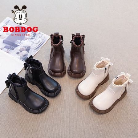 巴布豆女童马丁靴小皮靴秋季单靴软底儿童冬季加绒棉靴小女孩短靴