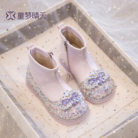 女童鞋公主靴2025新款秋冬公主鞋儿童加绒靴子女宝二棉小短靴皮鞋