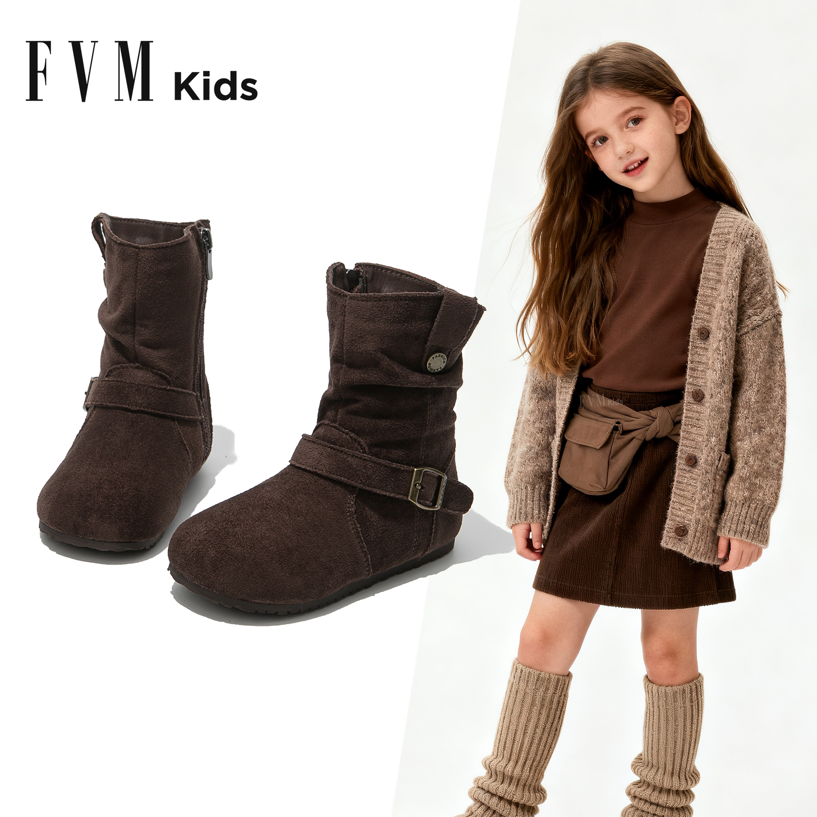 女童靴子儿童马丁堆堆靴2025新款秋冬季中筒加绒女孩洋气勃肯皮靴主图