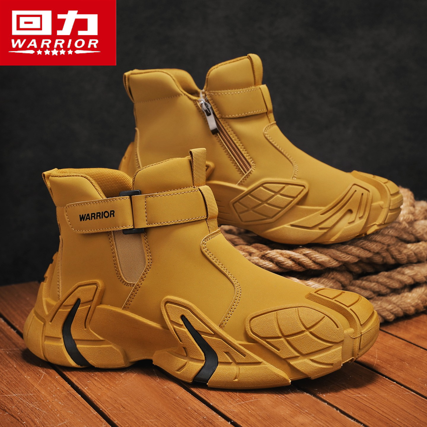 回力马丁靴男鞋2025新款冬季运动休闲皮面厚底防滑劳保高帮大黄靴主图
