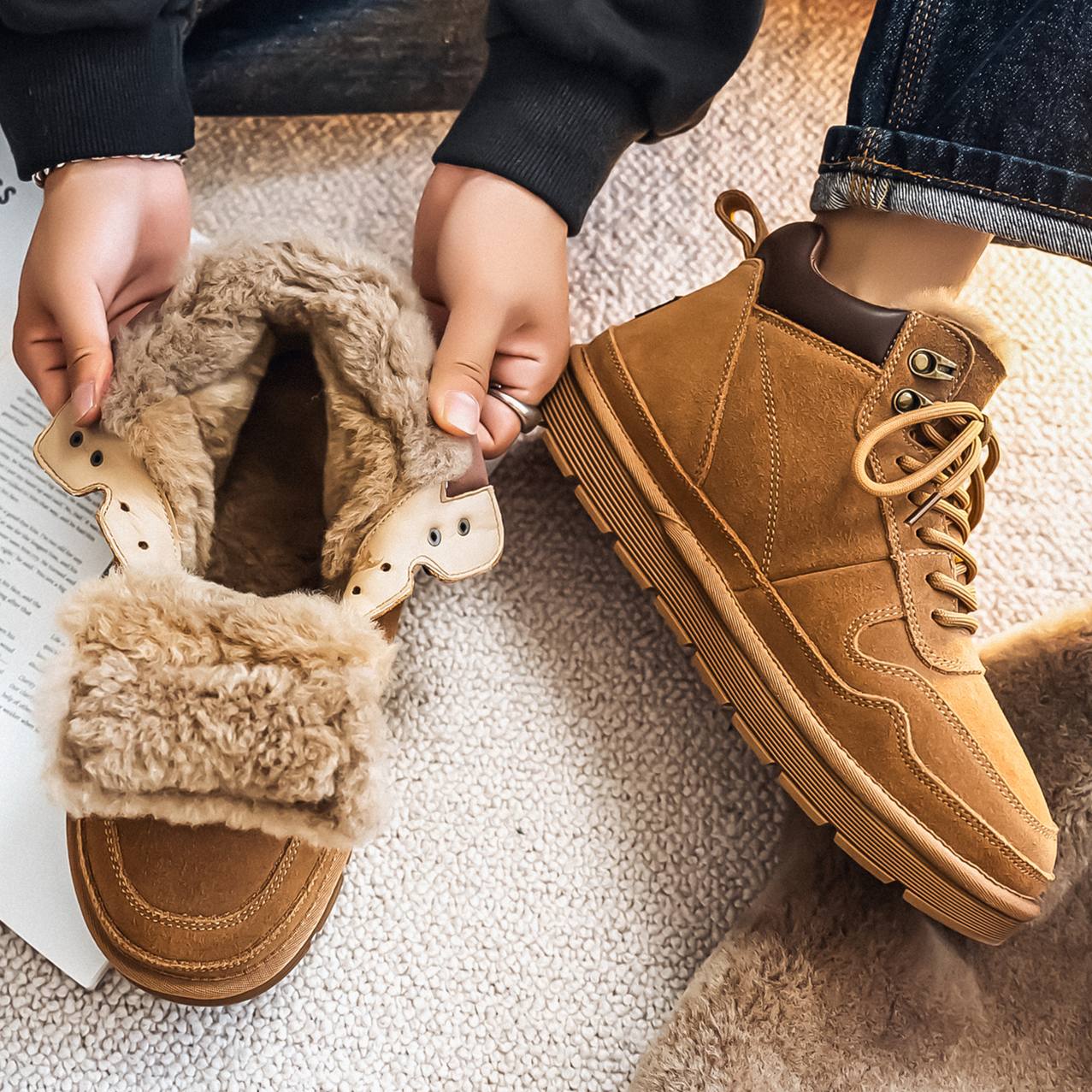 羊毛雪地靴男抗寒保暖户外防滑真皮潮流冬季加绒加厚东北高帮棉鞋主图