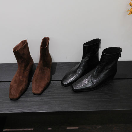 F.M2025新款真皮方头法式短靴女粗跟韩系踝靴百搭真皮瘦瘦靴百搭