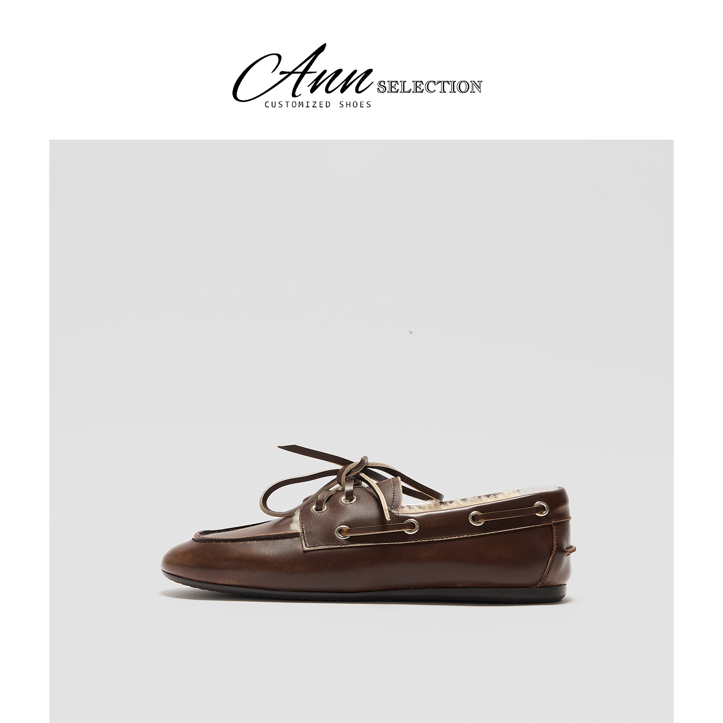 ANN英伦风做旧毛毛鞋女2025秋冬新款系带棕色百搭棉鞋乐福小皮鞋主图