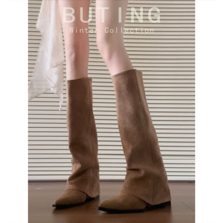 羊皮版~秋冬复古坡跟不过膝裤管靴2025尖头绒面骑士靴显瘦时装靴