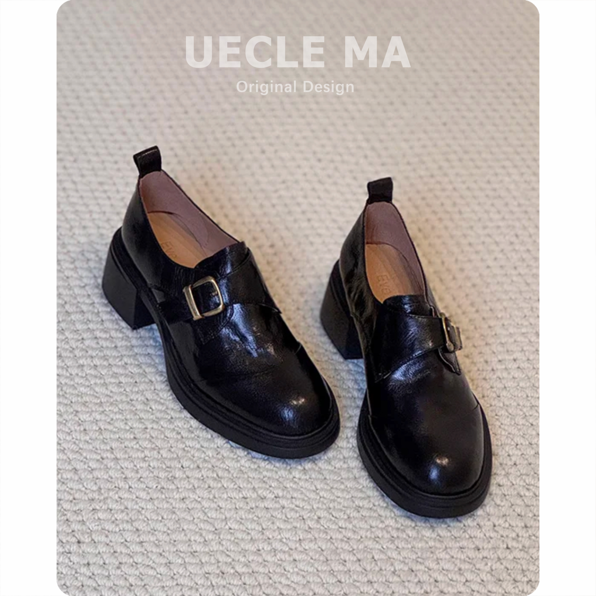 真皮~通勤厚底乐福鞋女粗跟一脚蹬高跟单鞋复古圆头英伦风小皮鞋主图