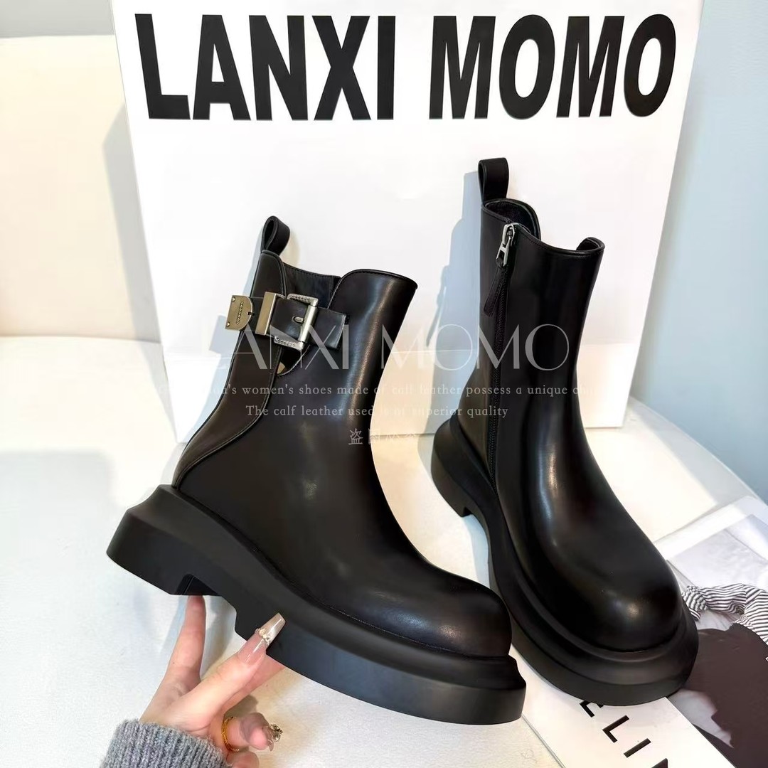  【LANXI  MOMO】时尚百搭黑色厚底英伦风秋冬圆头短靴25XZ746LX主图