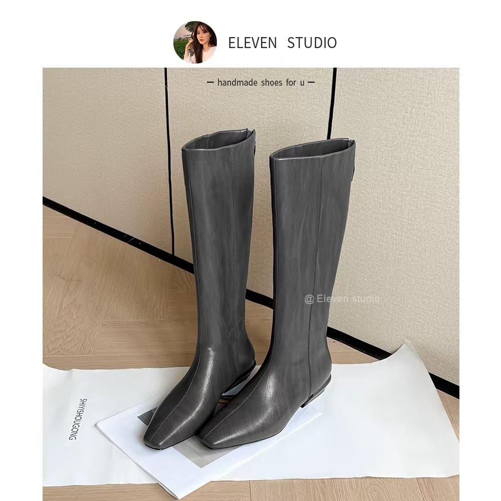 【王11】复古小方头异形跟长筒时装靴百搭高筒女靴  3CM/苏州主图