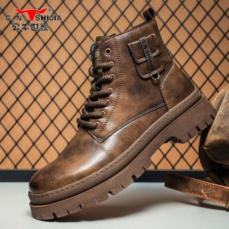 公牛世家加绒马丁靴男保暖棉鞋冬季厚底高帮休闲鞋英伦男士工装靴