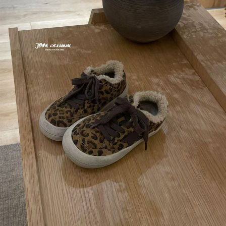 JBM2025秋冬款女童加绒板鞋儿童豹纹休闲鞋中大童时尚复古小脏鞋