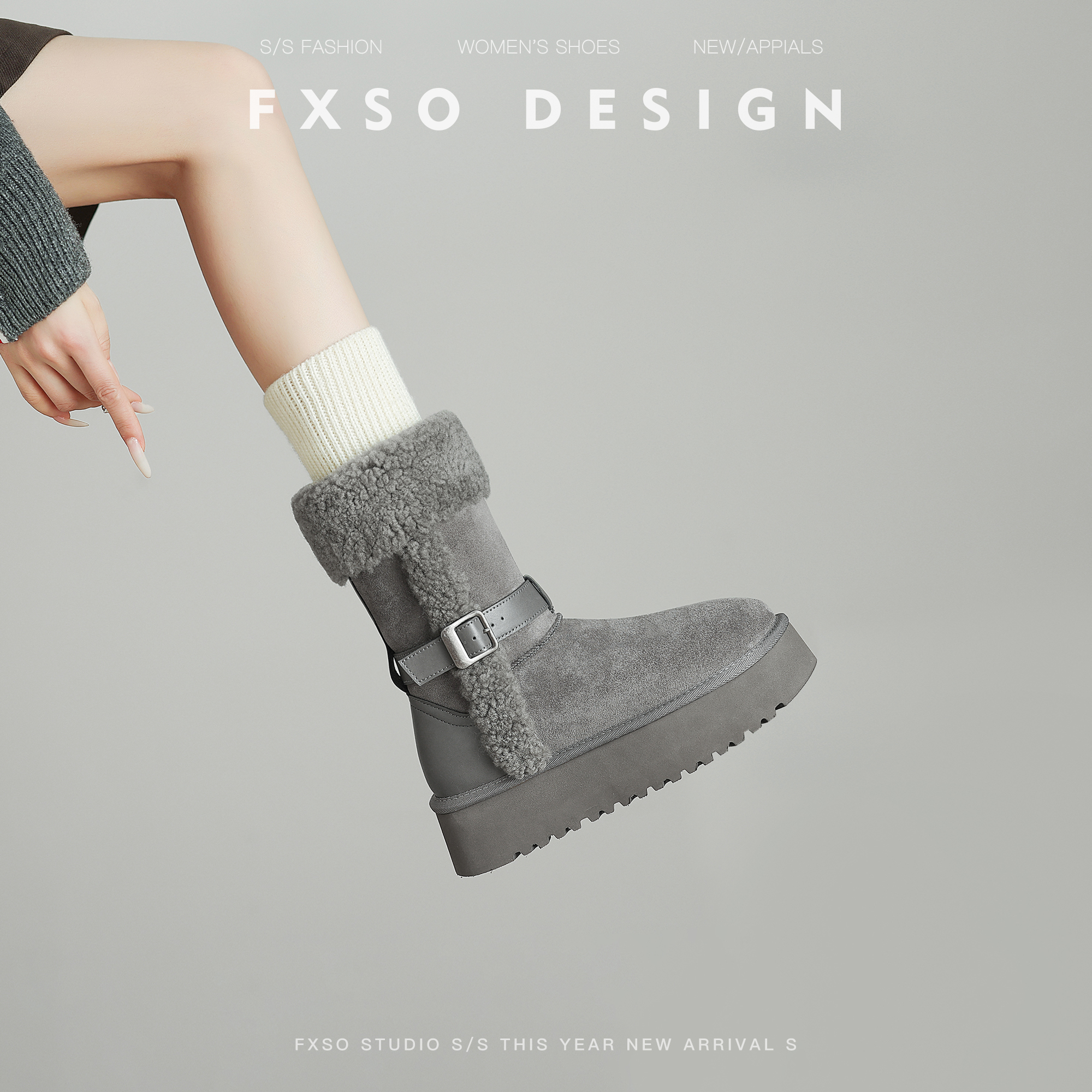 方巷大叔2025冬季新款皮带扣保暖雪地靴女厚底加绒加厚短款雪地靴主图