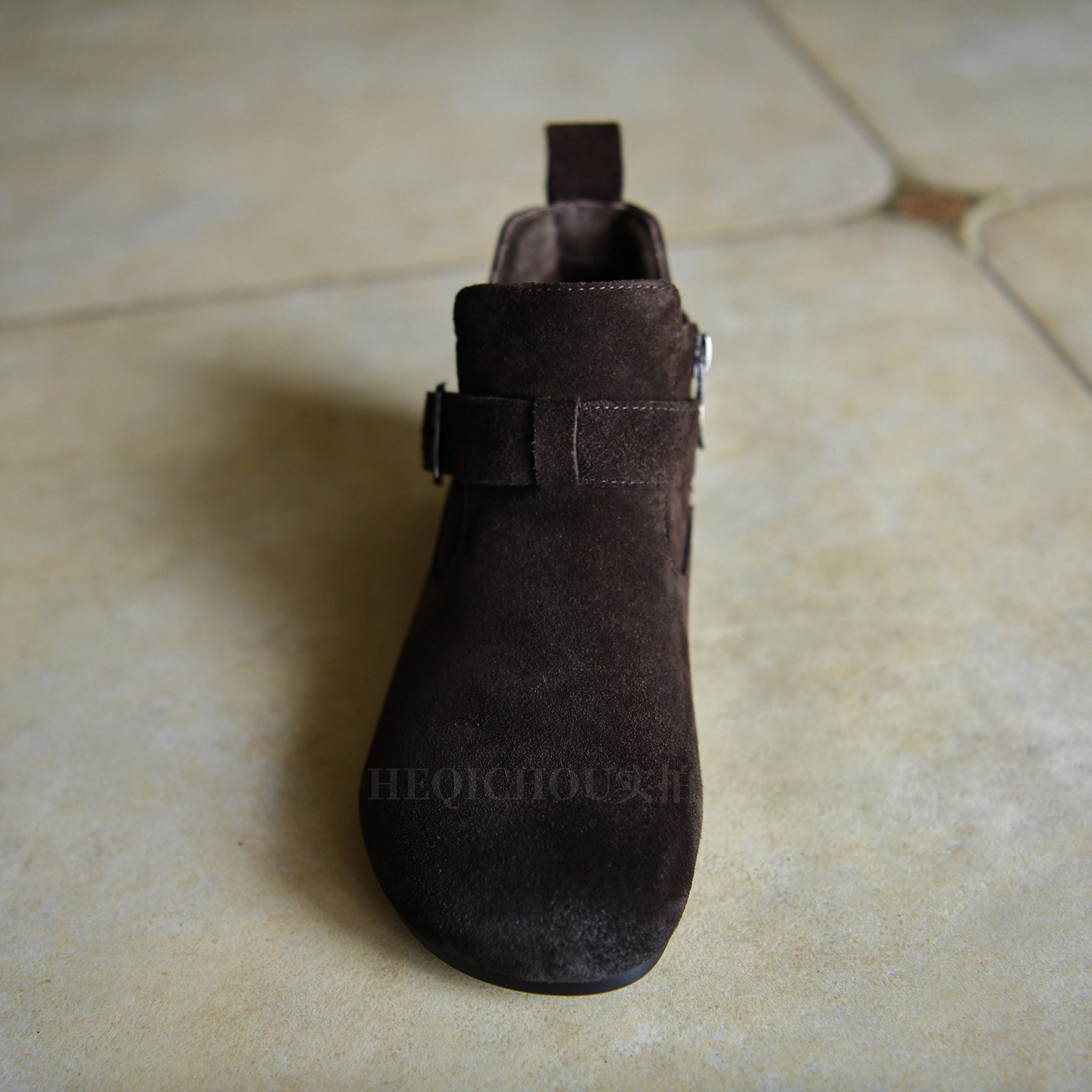 何其丑 磨砂牛皮侧拉链平底短靴女平跟女靴子 真皮及踝靴女鞋秋冬主图