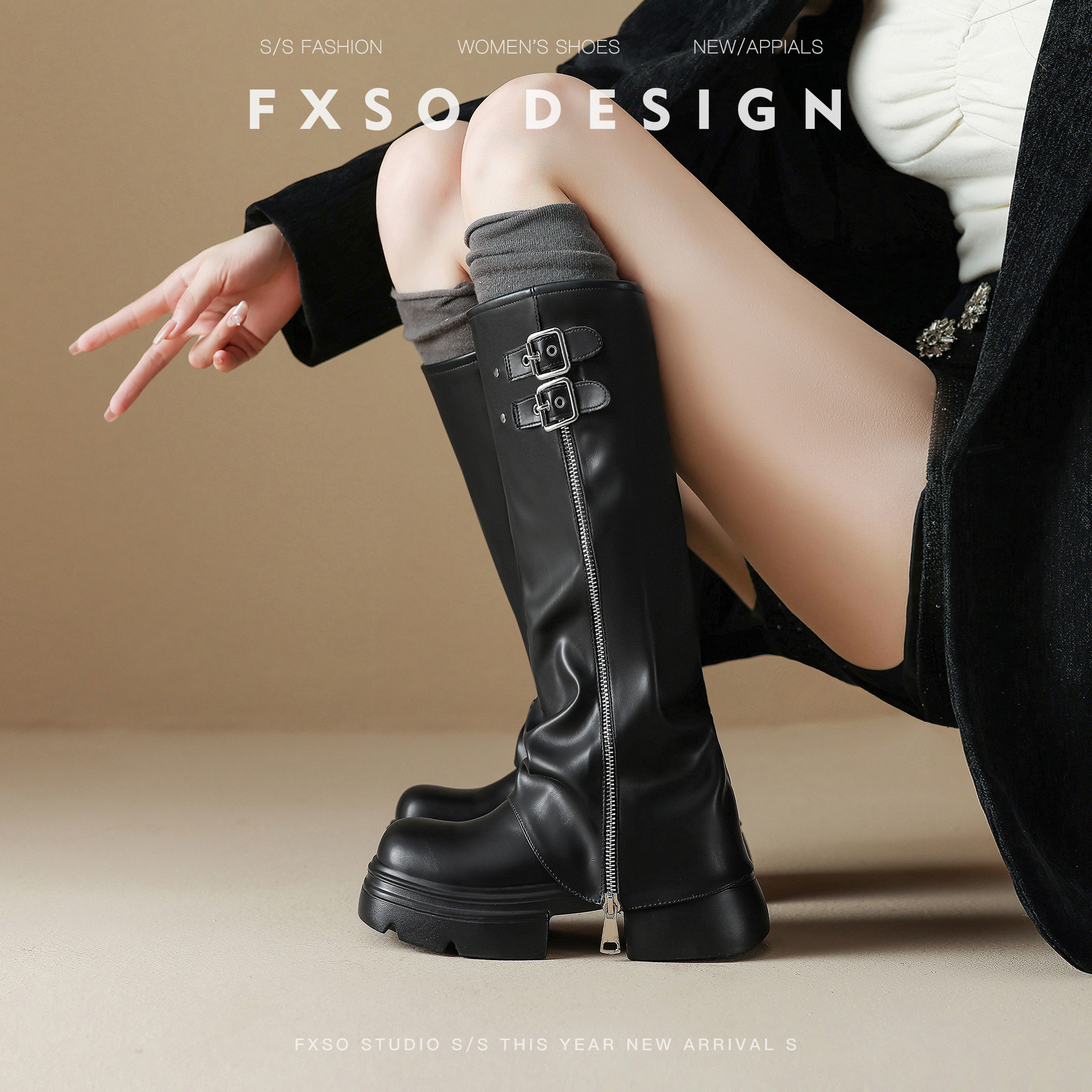 真皮方巷2025秋冬新款长筒靴女厚底裤管靴小个子侧拉链高筒长靴子主图