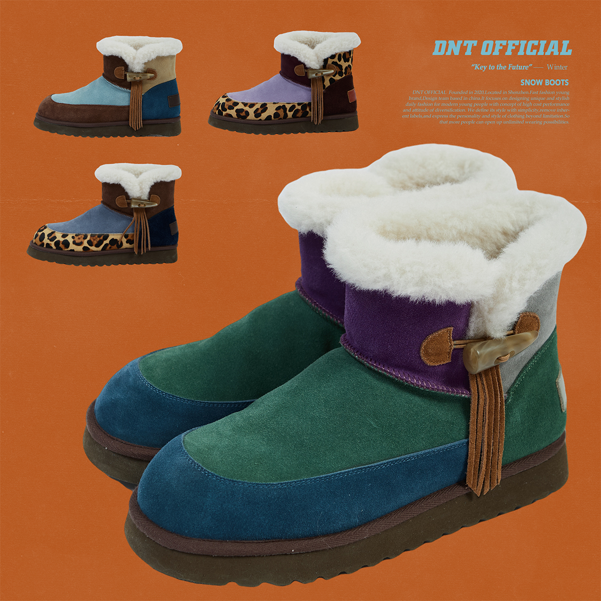 DNT/韩火火原创设计新款复古时髦牛角扣豹纹撞色雪地靴拼色冬季主图