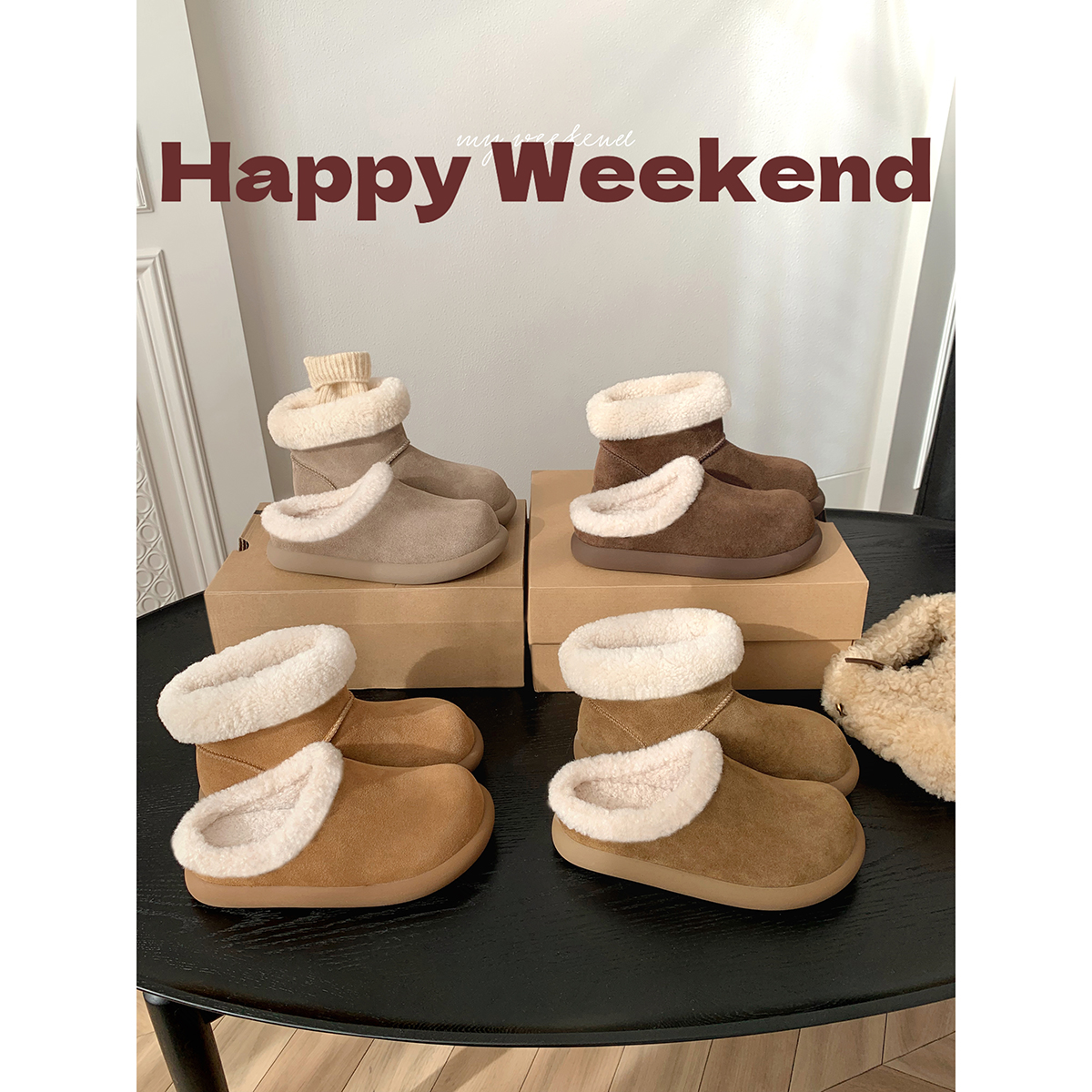 葡萄妈studiolee两个版本~ 圆头厚底保暖毛毛鞋雪地短靴/半拖冬款主图