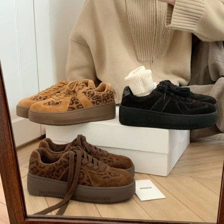 葡萄妈studiolee 增高4cm~ 豹纹绒里拼接圆头系带厚底德训鞋女