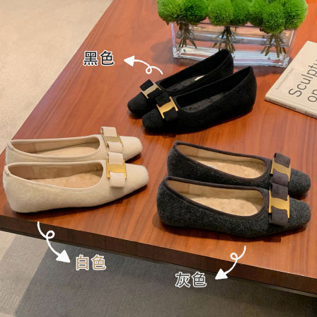葡萄妈studiolee  经典蝴蝶结金属扣内增高方头绒里毛呢单鞋女