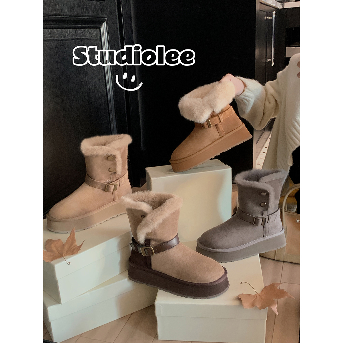 葡萄妈studiolee 5cm厚底~ 暖呼呼扣带翻边加厚毛毛中筒雪地靴主图