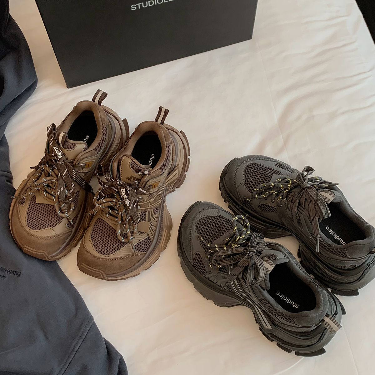 葡萄妈studiolee 增高5cm~时髦绒里歪头双鞋带拼接网面厚底老爹鞋主图