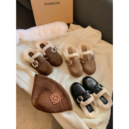 葡萄妈studiolee 圆头厚底扣带包头保暖外穿毛毛勃肯半拖女秋冬