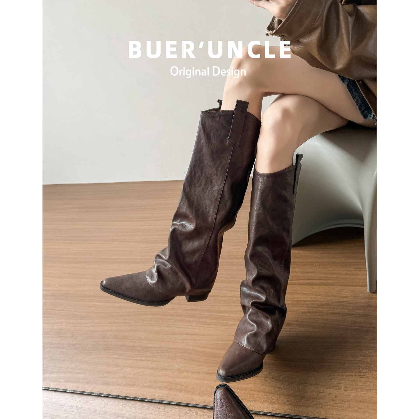 真皮版！尖头粗跟长筒靴女冬季美拉德褶皱裤管靴高筒骑士长靴子主图