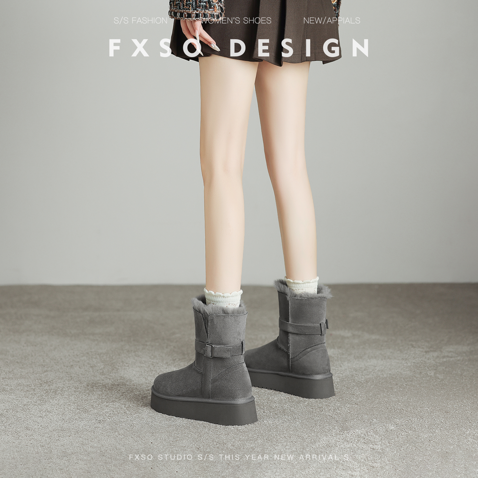 方巷大叔2025冬季厚底保暖雪地靴女皮带扣两穿加绒加厚棉靴子女款主图