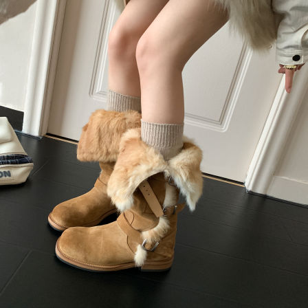 【零下30°】氛围感加绒保暖长靴搭扣兔毛羊毛皮毛一体雪地靴女冬