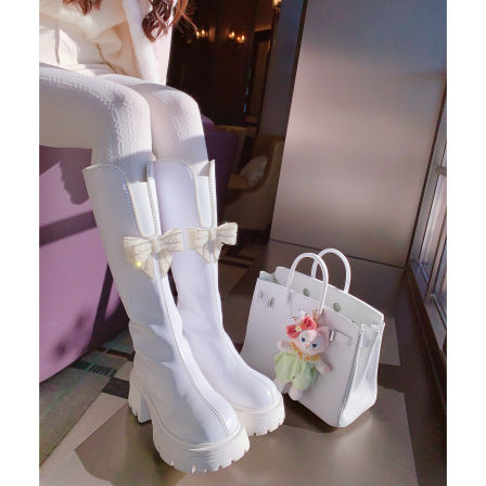 MissLuxury【优雅骑士靴】名媛风长筒靴增高厚底白色靴子女冬加绒