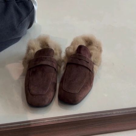 牛皮版~秋冬美拉德松弛感一脚蹬方头乐福包头鞋女新款加绒毛毛鞋