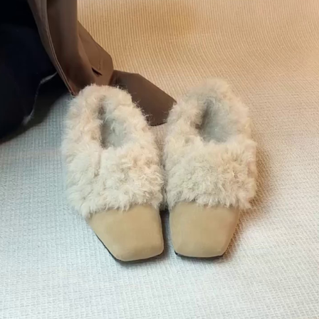 羊皮版~复古百搭气质小方头雪地靴粗跟高跟一脚蹬舒适女款毛毛鞋