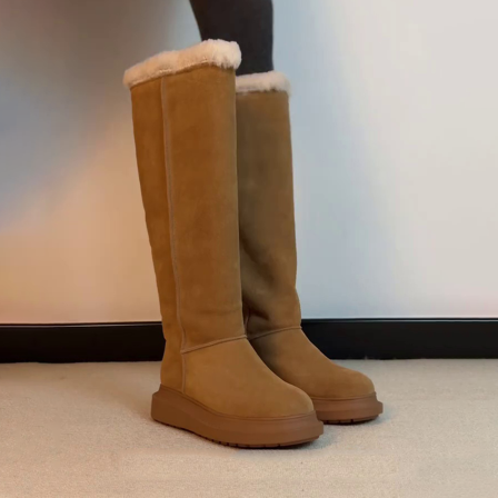 羊皮版~保暖增高百搭加绒雪地靴女一脚蹬高筒靴圆头冬季新款长靴