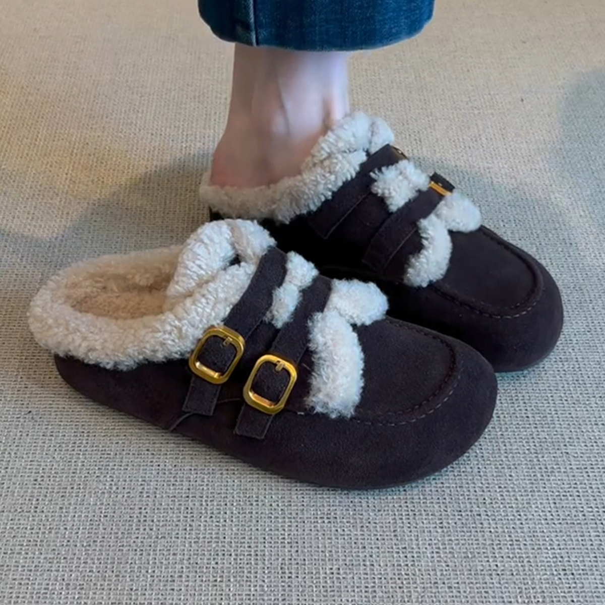 牛皮版~一脚蹬加绒保暖毛毛勃肯鞋女双扣带厚底懒人外穿包头鞋冬主图