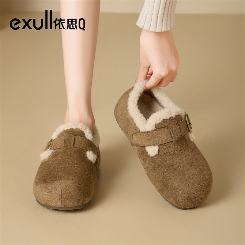 依思q加绒一脚蹬全包勃肯鞋女款2025冬季新款毛毛鞋加绒保暖棉鞋主图