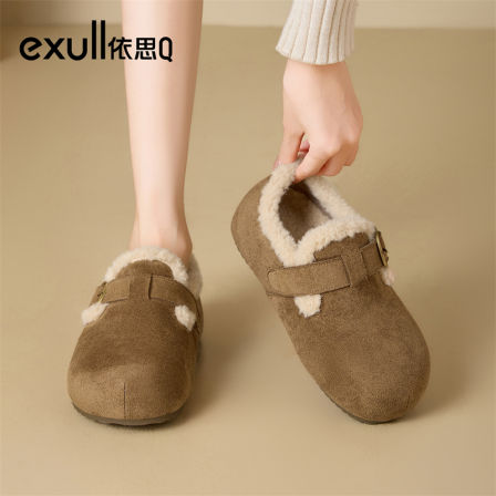 依思q加绒一脚蹬全包勃肯鞋女款2025冬季新款毛毛鞋加绒保暖棉鞋