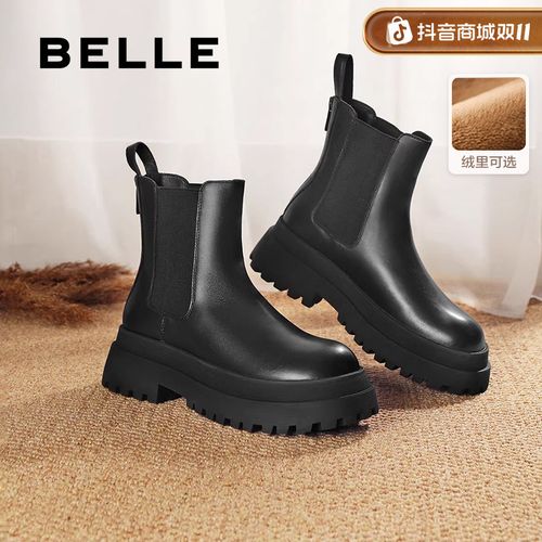 百丽厚底切尔西靴女鞋冬季时尚百搭软底英伦风短增高靴加绒烟筒靴主图