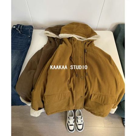 REKAYYAT“雪顶”100%棉冬季韩系时尚加绒保暖连帽大口袋毛绒外套